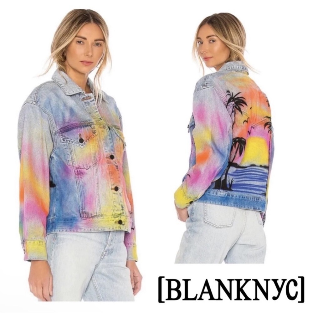 New! Limited Edition BLANK NYC Airbrushed Denim Trucker Jacket in Good Riddance